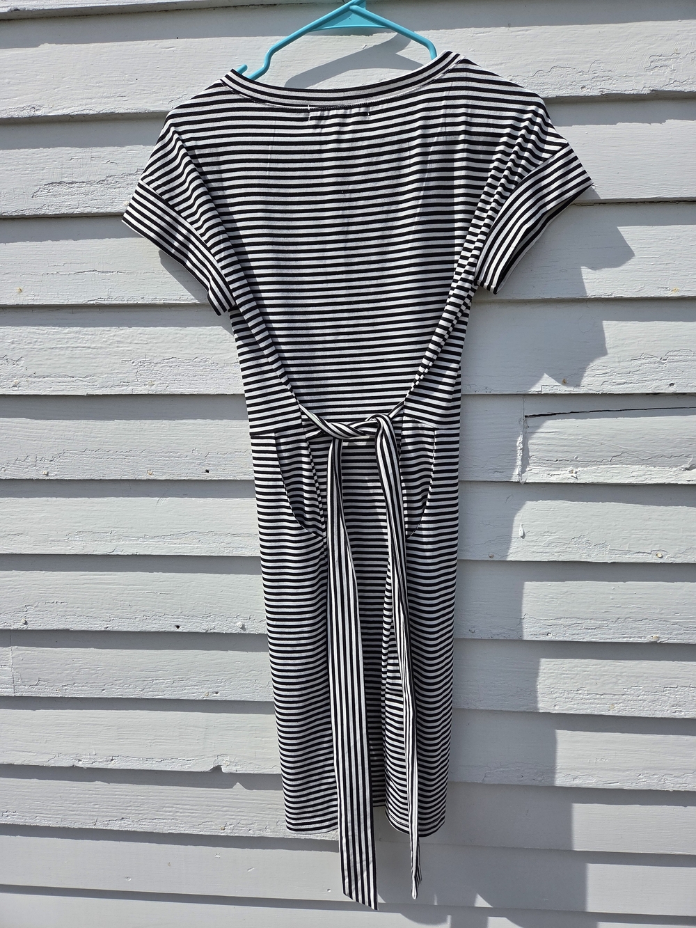 Classic Black & White Striped Midi Dress with Tie Back